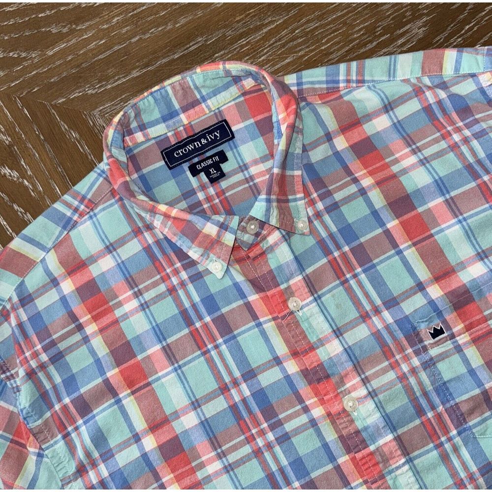 Crown & Ivy XL BLUE/CORAL Plaid Classic Fit Short Sleeve Men's Shirt EXCELLENT
